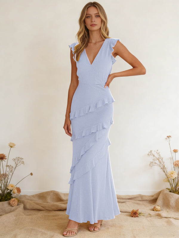 Chiffon Ruffled V Neck Mermaid Maxi Bridesmaid Dresses with Backless Design