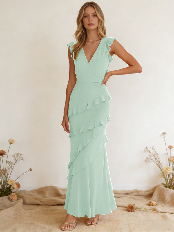 Chiffon Ruffled V Neck Mermaid Maxi Bridesmaid Dresses with Backless Design
