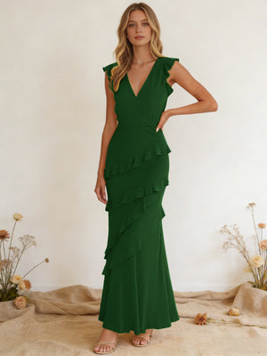 Chiffon Ruffled V Neck Mermaid Maxi Bridesmaid Dresses with Backless Design