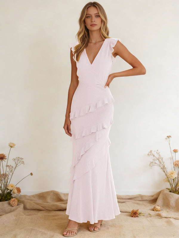 Chiffon Ruffled V Neck Mermaid Maxi Bridesmaid Dresses with Backless Design