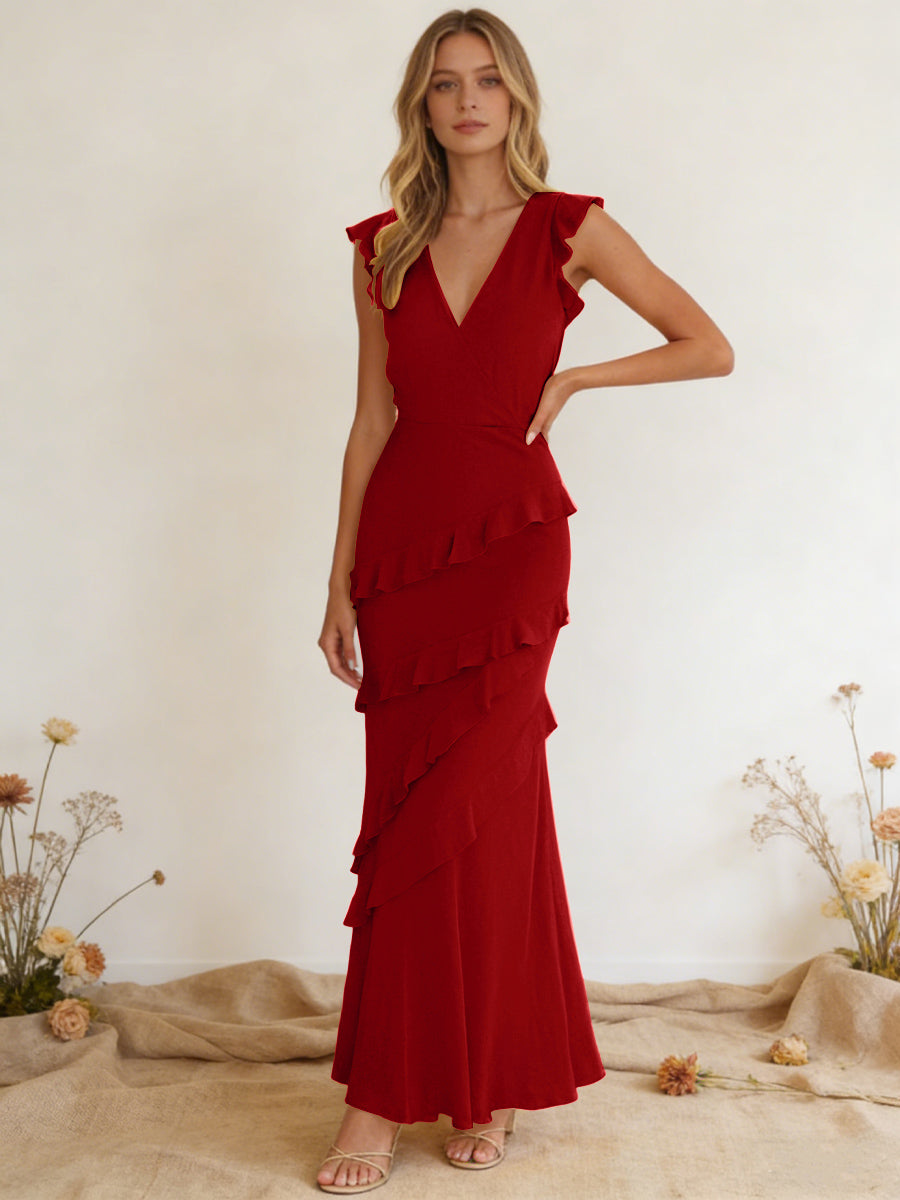 Chiffon Ruffled V Neck Mermaid Maxi Bridesmaid Dresses with Backless Design