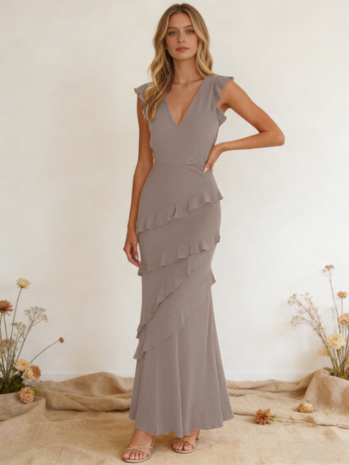 Chiffon Ruffled V Neck Mermaid Maxi Bridesmaid Dresses with Backless Design