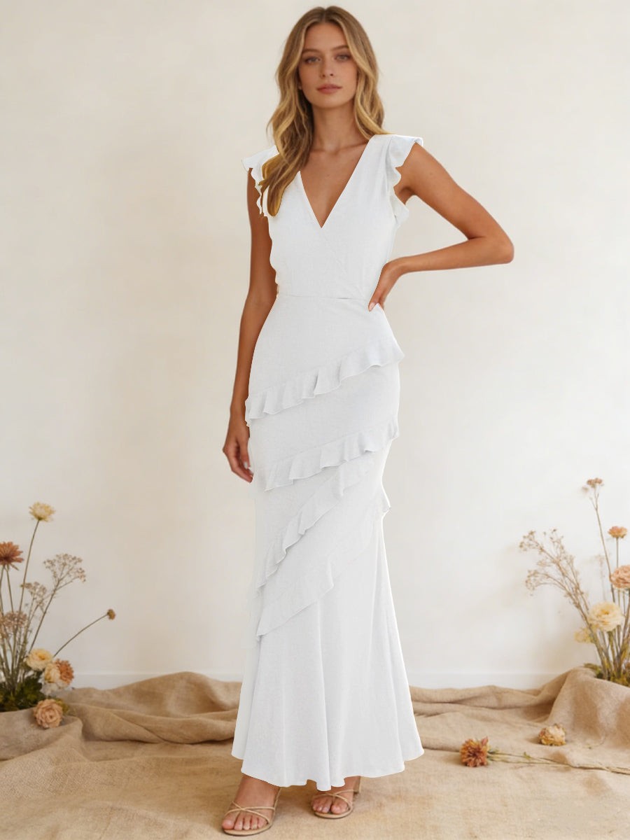 Chiffon Ruffled V Neck Mermaid Maxi Bridesmaid Dresses with Backless Design