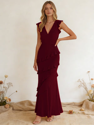 Chiffon Ruffled V Neck Mermaid Maxi Bridesmaid Dresses with Backless Design