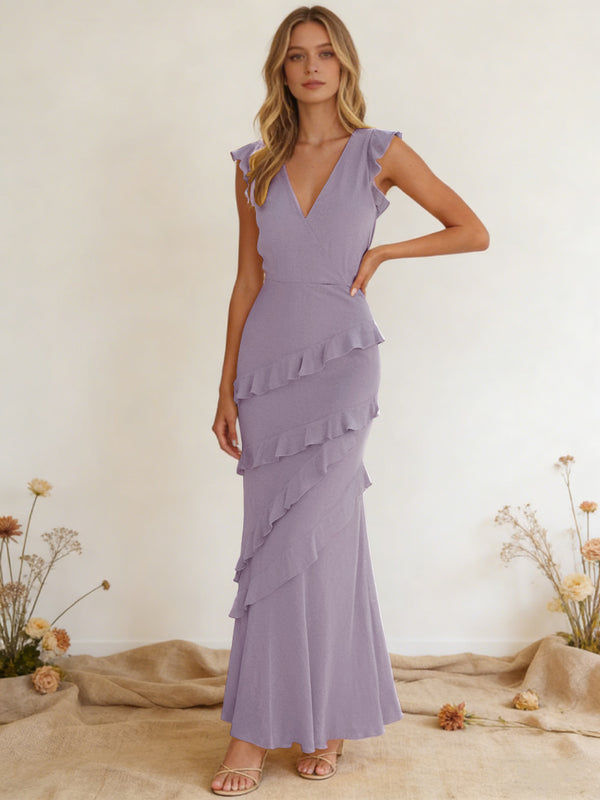 Chiffon Ruffled V Neck Mermaid Maxi Bridesmaid Dresses with Backless Design