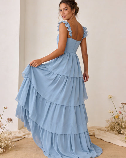 Chiffon Ruffled Tiered A Line Maxi Bridesmaid Dresses with Slit