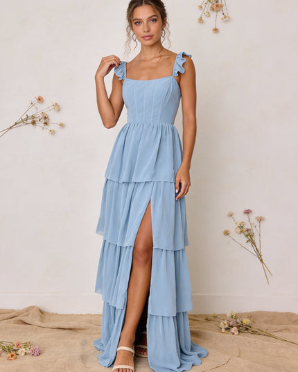 Chiffon Ruffled Tiered A Line Maxi Bridesmaid Dresses with Slit