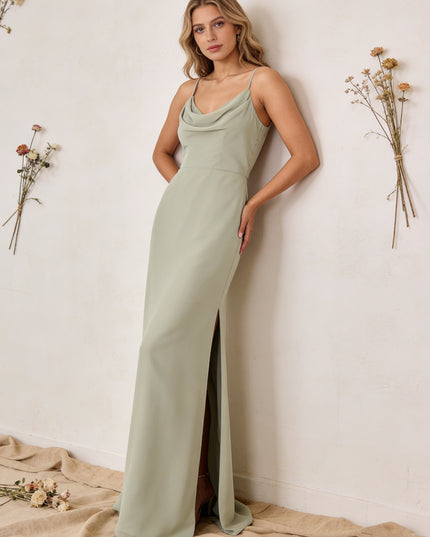 Chiffon Cowl Neck Spaghetti Straps Maxi Bridesmaid Dresses with Slit