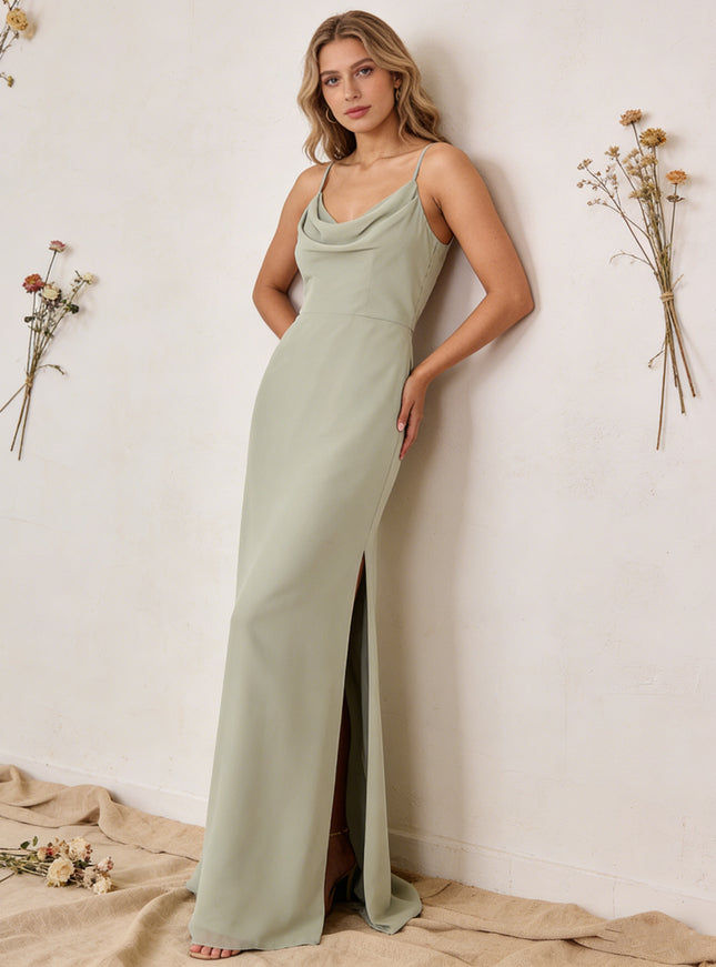 Chiffon Cowl Neck Spaghetti Straps Maxi Bridesmaid Dresses with Slit