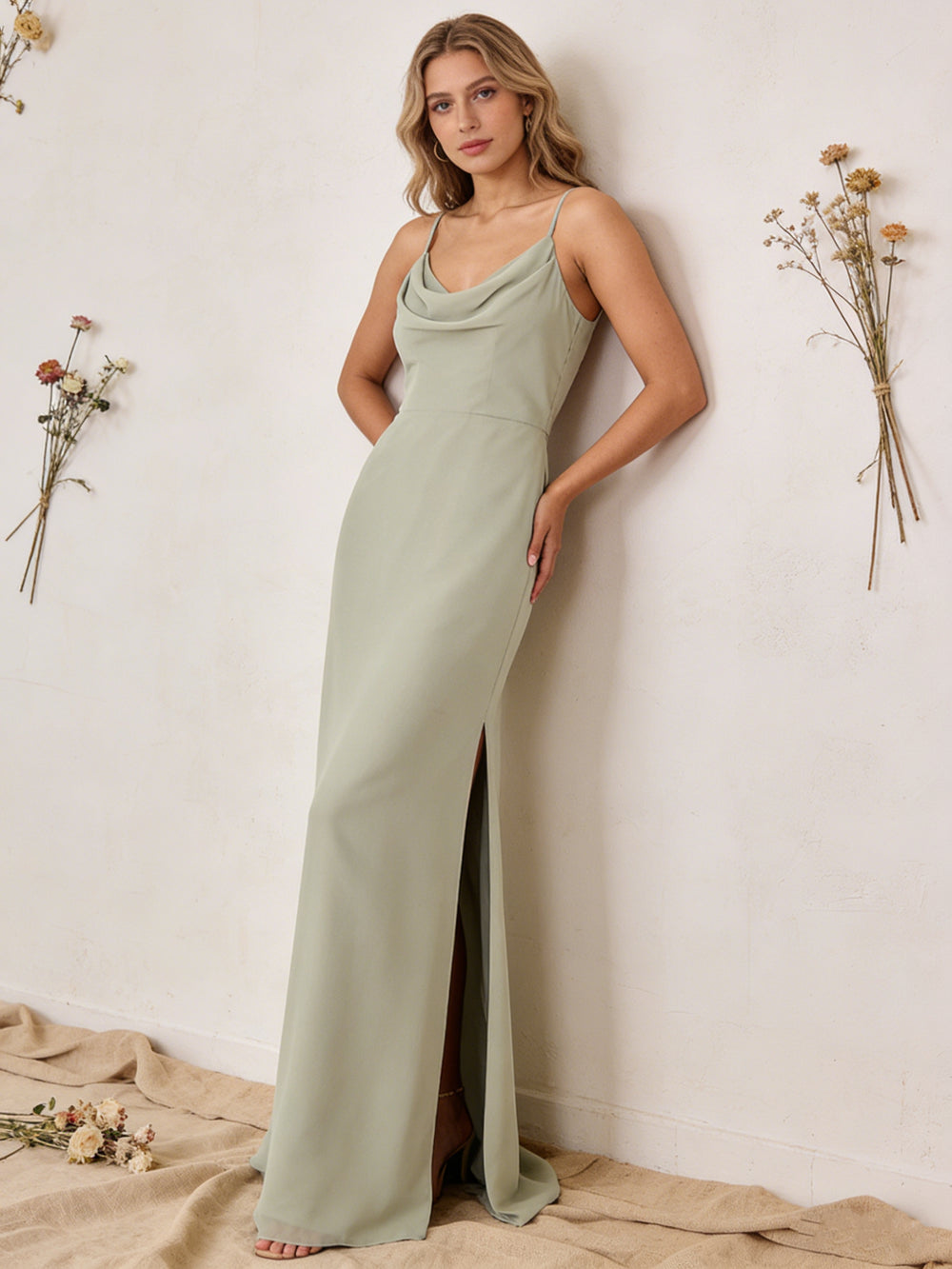Chiffon Cowl Neck Spaghetti Straps Maxi Bridesmaid Dresses with Slit