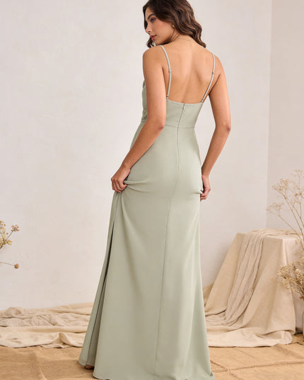Chiffon Cowl Neck Spaghetti Straps Maxi Bridesmaid Dresses with Slit