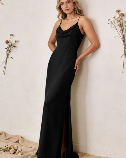 Chiffon Cowl Neck Spaghetti Straps Maxi Bridesmaid Dresses with Slit