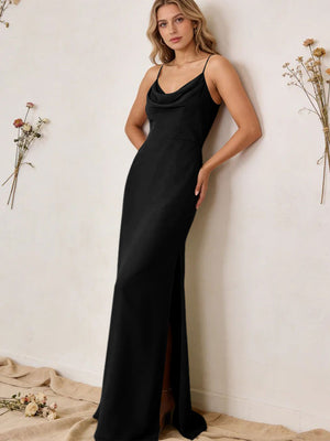 Chiffon Cowl Neck Spaghetti Straps Maxi Bridesmaid Dresses with Slit