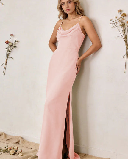 Chiffon Cowl Neck Spaghetti Straps Maxi Bridesmaid Dresses with Slit