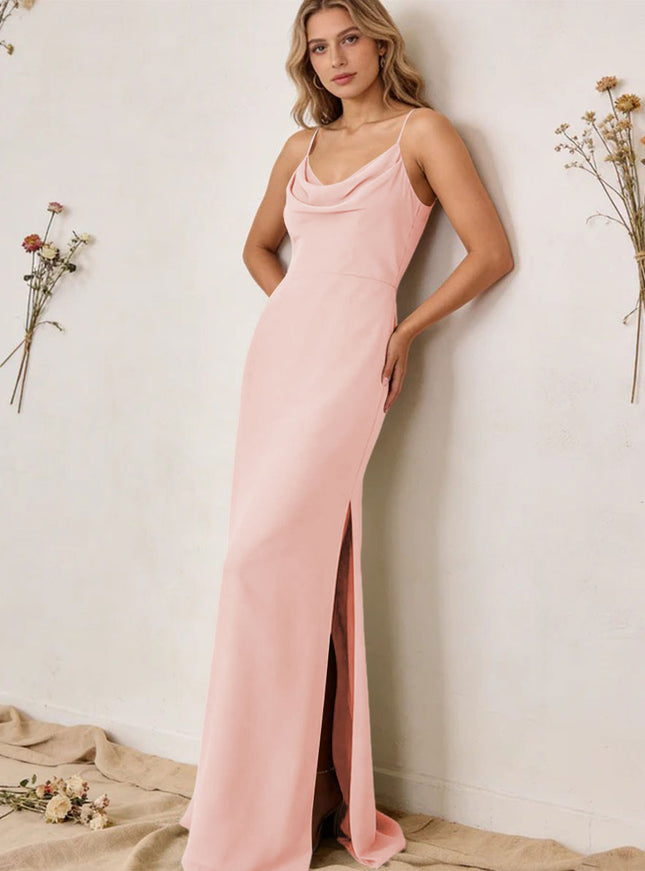 Chiffon Cowl Neck Spaghetti Straps Maxi Bridesmaid Dresses with Slit
