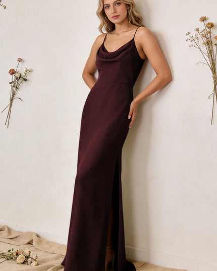 Chiffon Cowl Neck Spaghetti Straps Maxi Bridesmaid Dresses with Slit