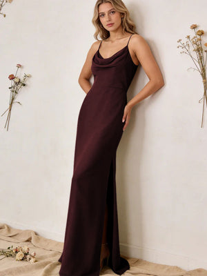 Chiffon Cowl Neck Spaghetti Straps Maxi Bridesmaid Dresses with Slit