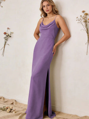 Chiffon Cowl Neck Spaghetti Straps Maxi Bridesmaid Dresses with Slit