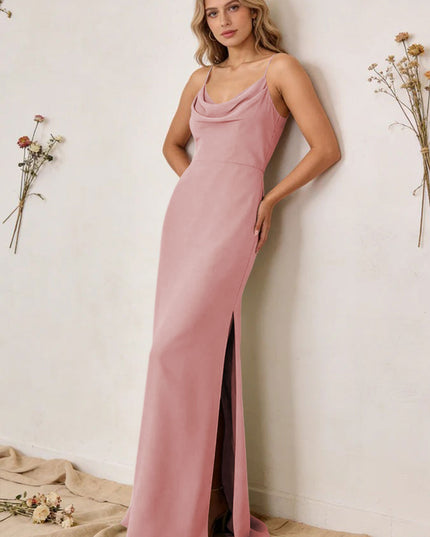 Chiffon Cowl Neck Spaghetti Straps Maxi Bridesmaid Dresses with Slit