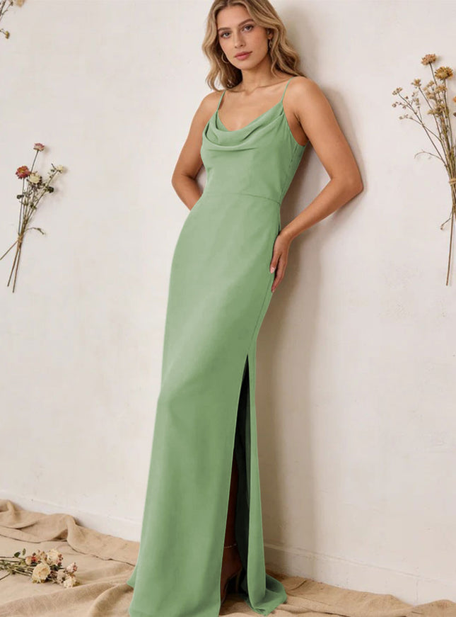 Chiffon Cowl Neck Spaghetti Straps Maxi Bridesmaid Dresses with Slit