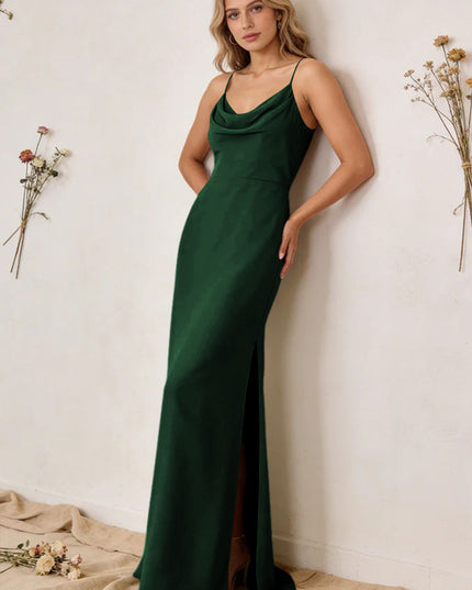 Chiffon Cowl Neck Spaghetti Straps Maxi Bridesmaid Dresses with Slit