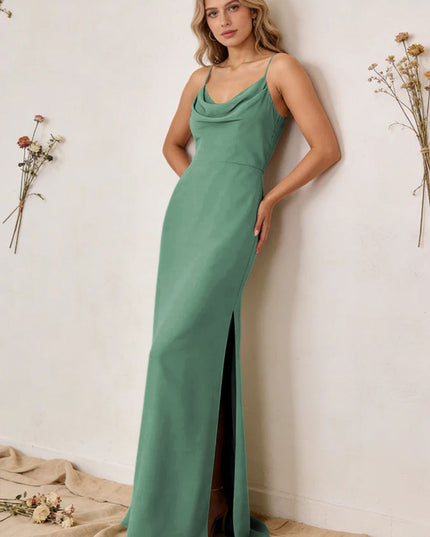 Chiffon Cowl Neck Spaghetti Straps Maxi Bridesmaid Dresses with Slit