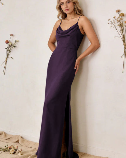 Chiffon Cowl Neck Spaghetti Straps Maxi Bridesmaid Dresses with Slit