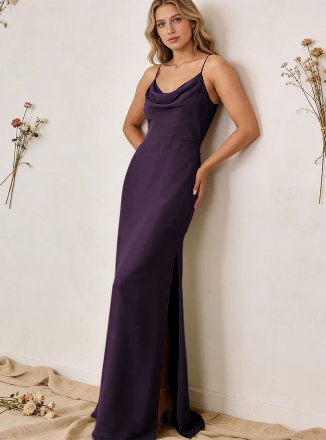 Chiffon Cowl Neck Spaghetti Straps Maxi Bridesmaid Dresses with Slit