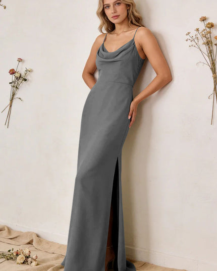 Chiffon Cowl Neck Spaghetti Straps Maxi Bridesmaid Dresses with Slit