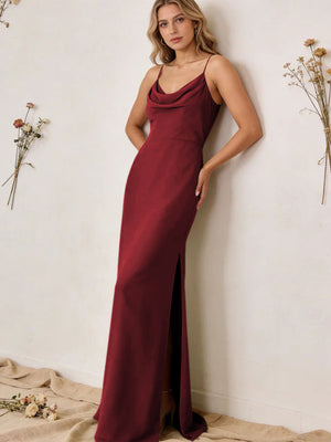 Chiffon Cowl Neck Spaghetti Straps Maxi Bridesmaid Dresses with Slit