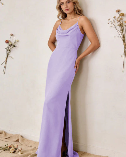 Chiffon Cowl Neck Spaghetti Straps Maxi Bridesmaid Dresses with Slit
