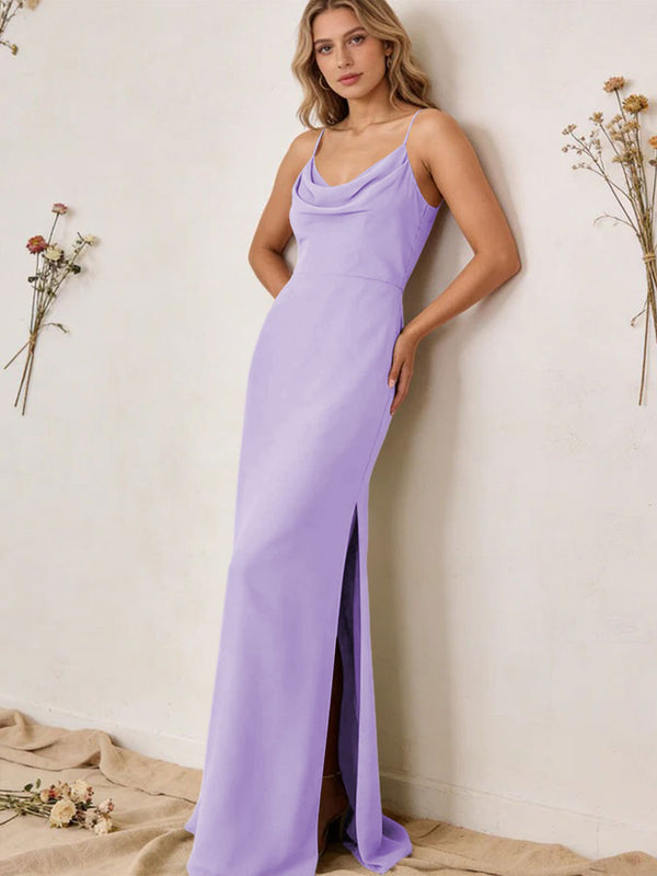 Chiffon Cowl Neck Spaghetti Straps Maxi Bridesmaid Dresses with Slit