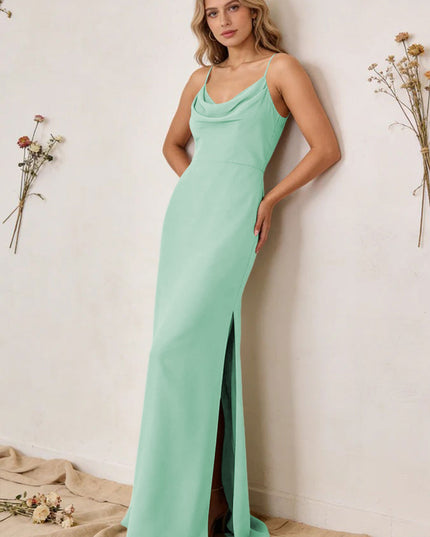 Chiffon Cowl Neck Spaghetti Straps Maxi Bridesmaid Dresses with Slit
