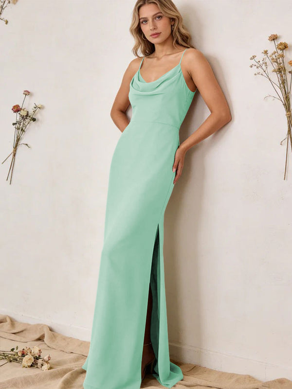 Chiffon Cowl Neck Spaghetti Straps Maxi Bridesmaid Dresses with Slit