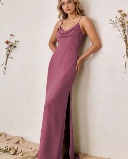 Chiffon Cowl Neck Spaghetti Straps Maxi Bridesmaid Dresses with Slit