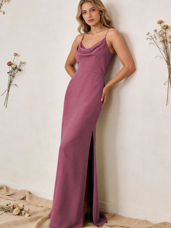 Chiffon Cowl Neck Spaghetti Straps Maxi Bridesmaid Dresses with Slit