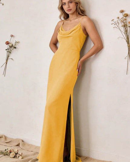 Chiffon Cowl Neck Spaghetti Straps Maxi Bridesmaid Dresses with Slit