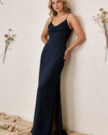 Chiffon Cowl Neck Spaghetti Straps Maxi Bridesmaid Dresses with Slit