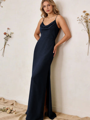 Chiffon Cowl Neck Spaghetti Straps Maxi Bridesmaid Dresses with Slit