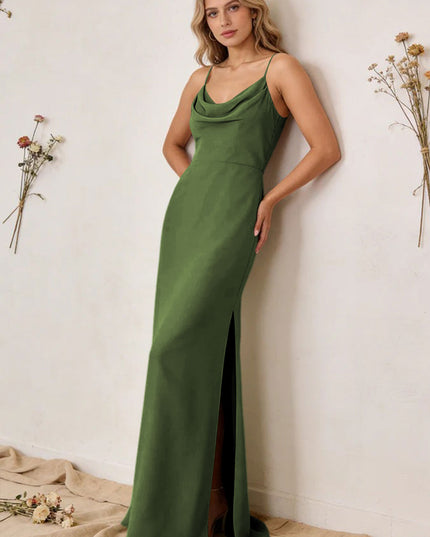 Chiffon Cowl Neck Spaghetti Straps Maxi Bridesmaid Dresses with Slit