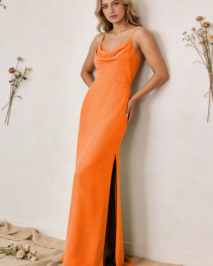 Chiffon Cowl Neck Spaghetti Straps Maxi Bridesmaid Dresses with Slit