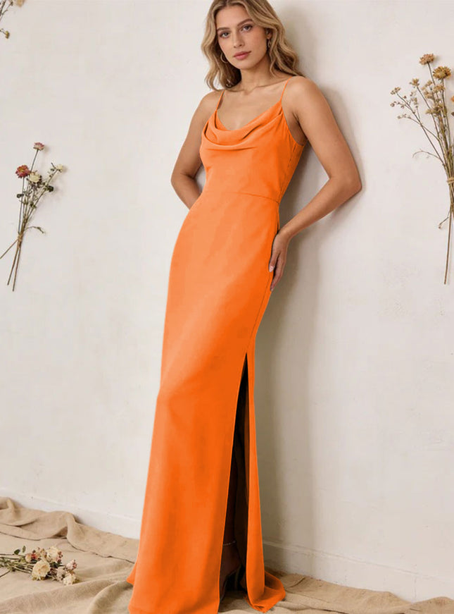 Chiffon Cowl Neck Spaghetti Straps Maxi Bridesmaid Dresses with Slit