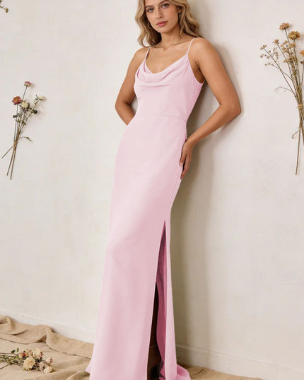 Chiffon Cowl Neck Spaghetti Straps Maxi Bridesmaid Dresses with Slit