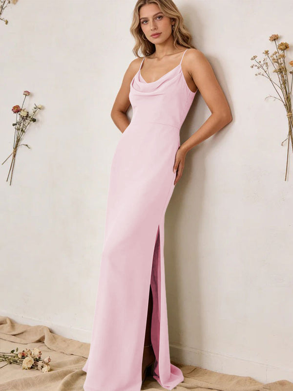 Chiffon Cowl Neck Spaghetti Straps Maxi Bridesmaid Dresses with Slit