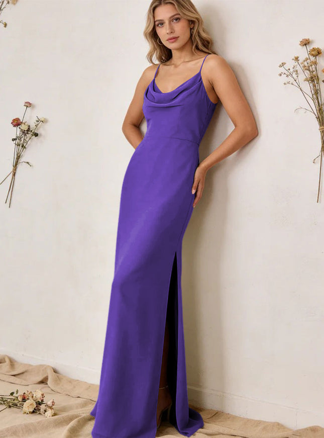 Chiffon Cowl Neck Spaghetti Straps Maxi Bridesmaid Dresses with Slit