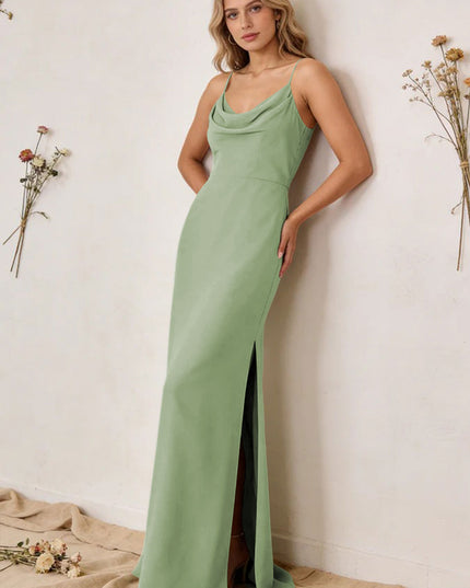 Chiffon Cowl Neck Spaghetti Straps Maxi Bridesmaid Dresses with Slit