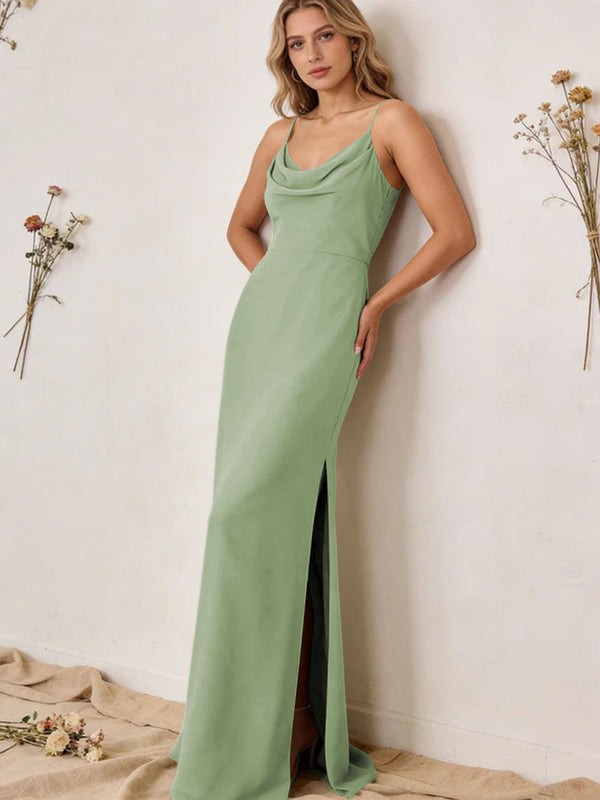 Chiffon Cowl Neck Spaghetti Straps Maxi Bridesmaid Dresses with Slit