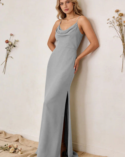 Chiffon Cowl Neck Spaghetti Straps Maxi Bridesmaid Dresses with Slit
