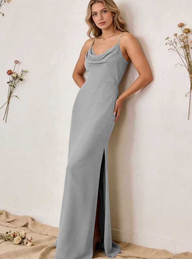 Chiffon Cowl Neck Spaghetti Straps Maxi Bridesmaid Dresses with Slit