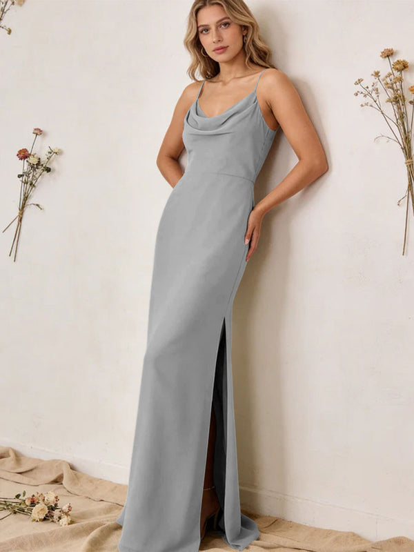 Chiffon Cowl Neck Spaghetti Straps Maxi Bridesmaid Dresses with Slit